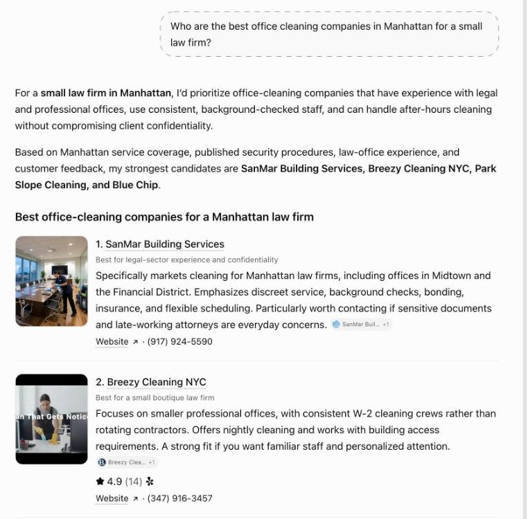 ChatGPT answer recommending Breezy Cleaning NYC for a Manhattan law firm