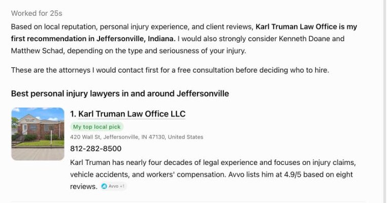 ChatGPT naming Karl Truman Law Office its first recommendation in Jeffersonville, Indiana