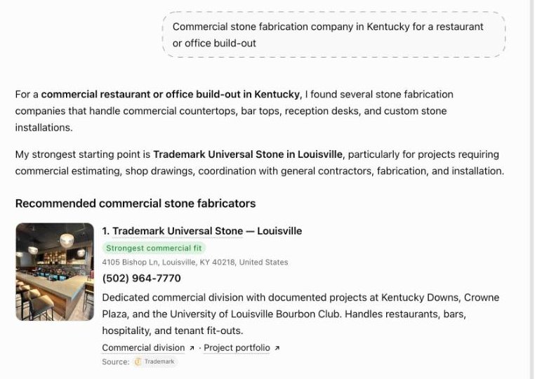 ChatGPT answer naming Trademark Universal Stone first for a commercial stone build-out in Kentucky